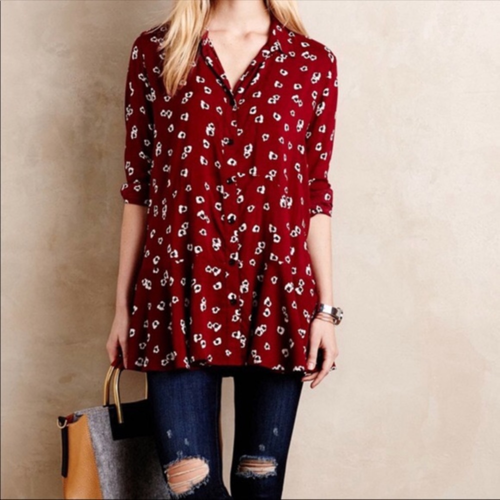 Anthropologie Red Button-up Blouse